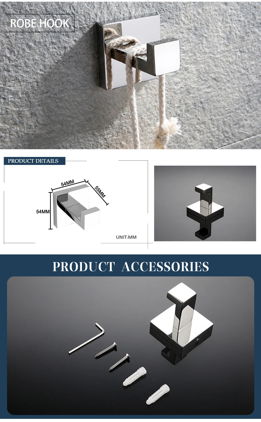 Stainless Steel Chrome Bathroom Hardware Set Square Towel Rack Towel Rack Tissue Holder Robe Hook Bathroom Rack Accessories