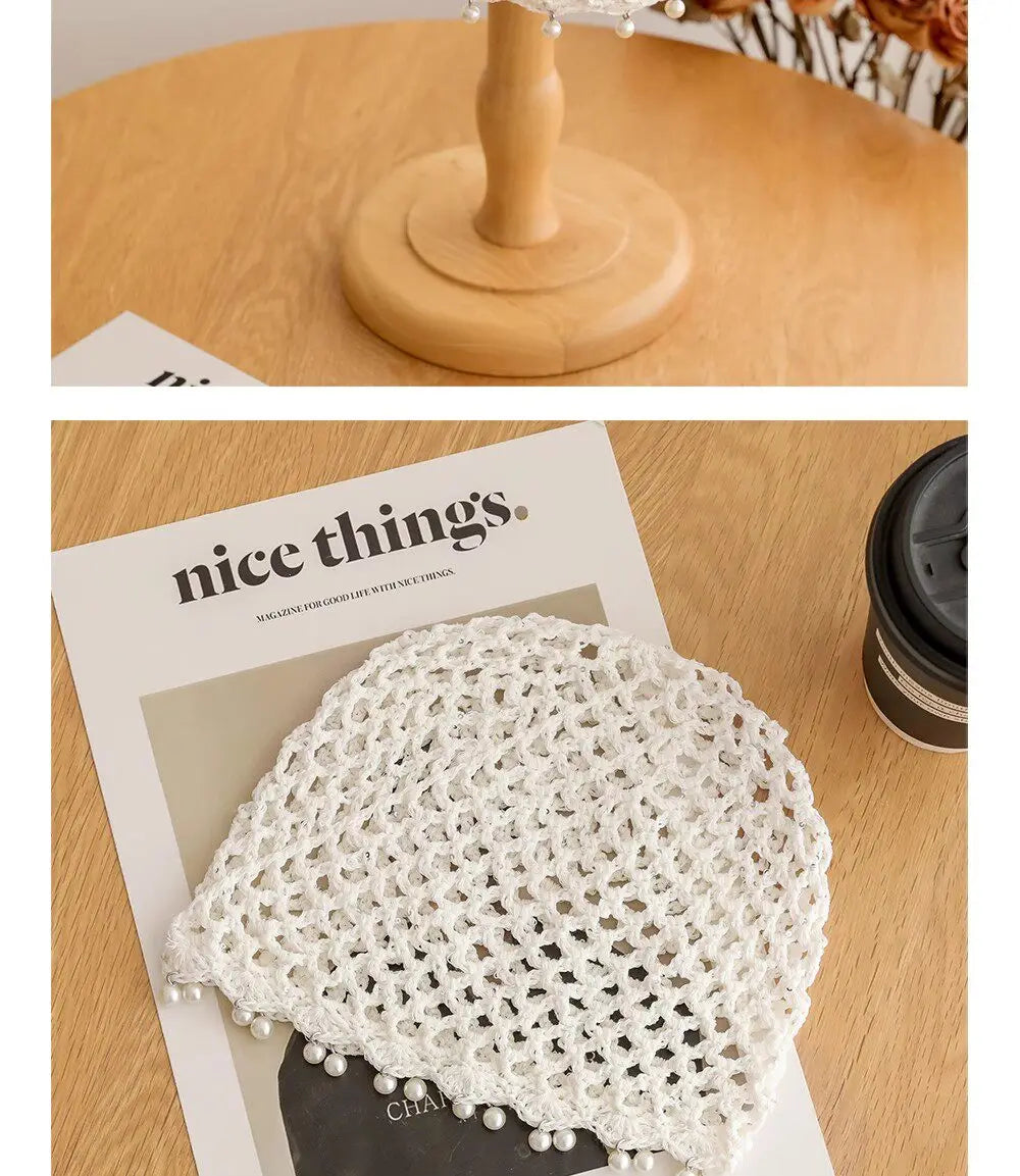 Fashion Hollowed Out Woven Pullover Hats Crochet Breathable Beret Cap Pearl Fringed Retro Beanies Cap for Women Summer Korean
