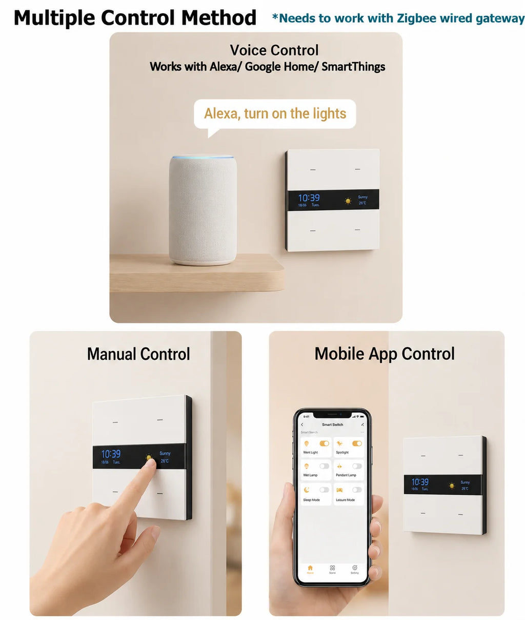 M8 Pro Zigbee Smart Switch Panel 4 Gang Tuya Intelligent Wall Electric Light Switch Voice App Control Works Alexa for Home Hotel