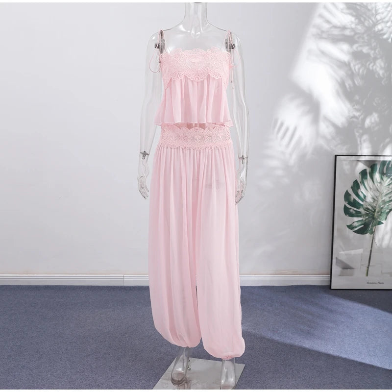Women Elegant Lace Long Pant Set Square Neck Sheer Ruffle Hem Crop Cami Top High Waist Wide Leg Trousers 2026 Summer Chic Suit