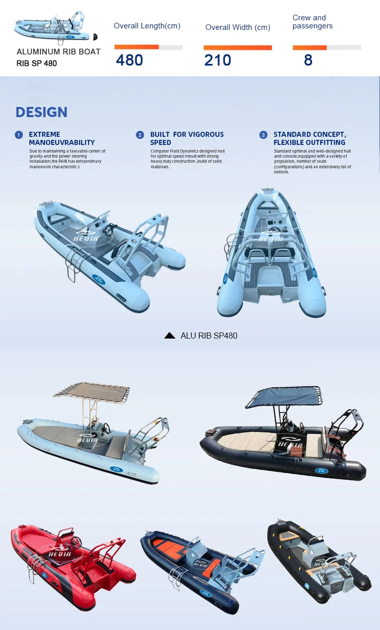 High-end 480 Aluminium Rib Inflatable Rigid Boat with Outboard Engine 1.2mm 8-Person for Fishing Lake Sports and Rowing
