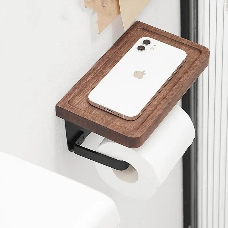 Wooden Toilet Paper Holder With Shelf Wall Mount Rustproof Matte Black Toilet Paper Holder Wall Mount Toilet Paper Roll Holder
