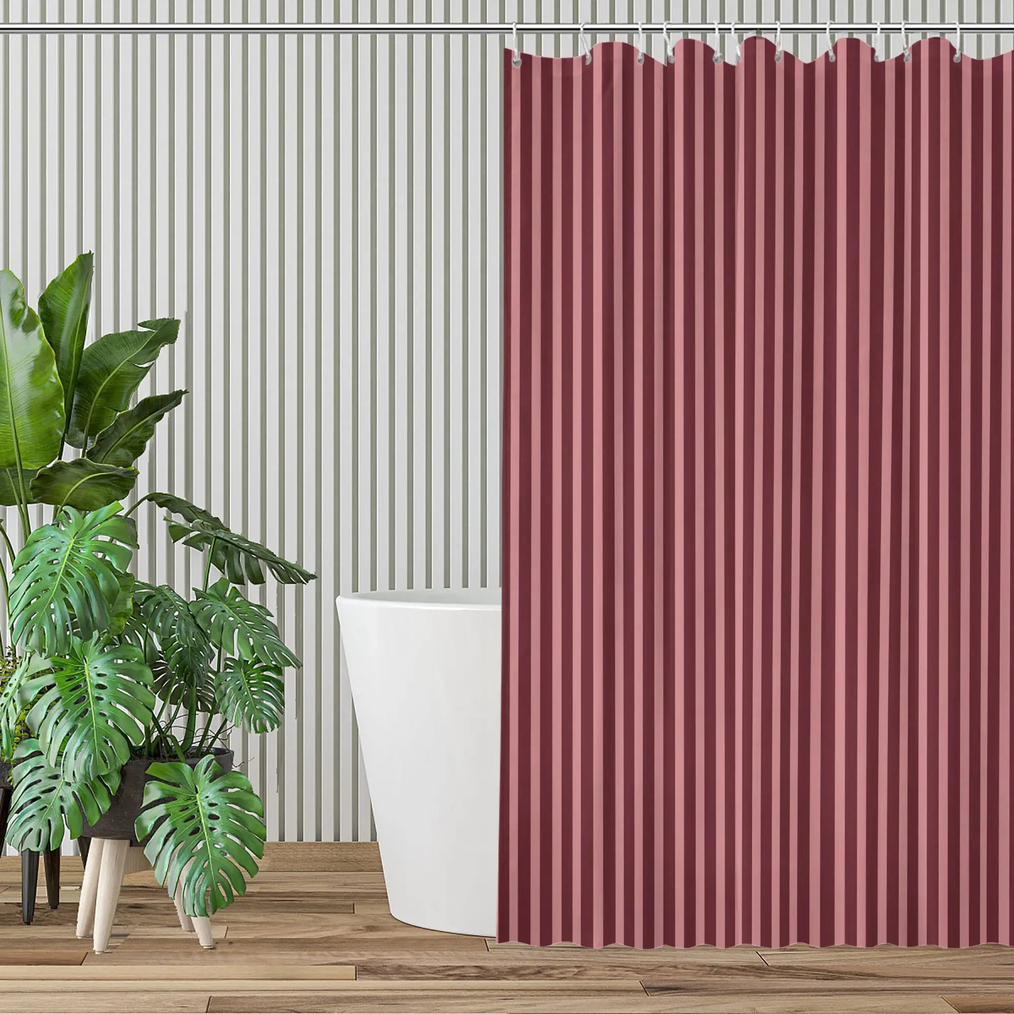 Cabernet & Apricot Stripe Shower Curtain – Modern Vertical Stripes, 12 Hooks, 70.87×70.87" Minimalist Bathroom Decor