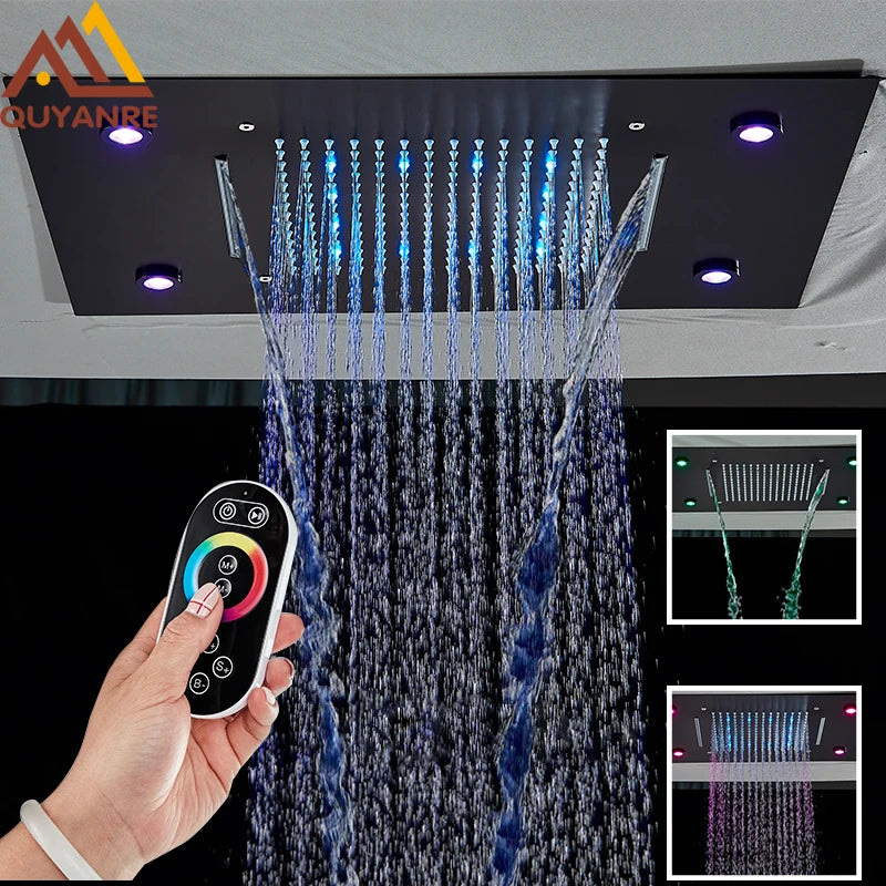 Digital Display Thermostatic Rain Shower System Set 14 X 20 Inch Waterfall Rainfall LED Ceiling Shower Head with HandShower