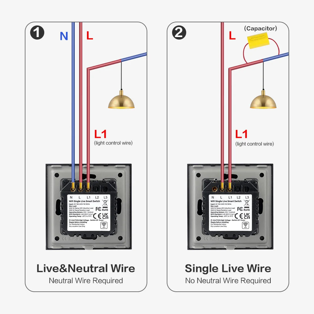 TAWOIA Wifi Touch Light Switches 1/2/3/4Gang Smart Wall Switch Tuya Smart Life Alexa Voice Control With Capacitor L/N1000W