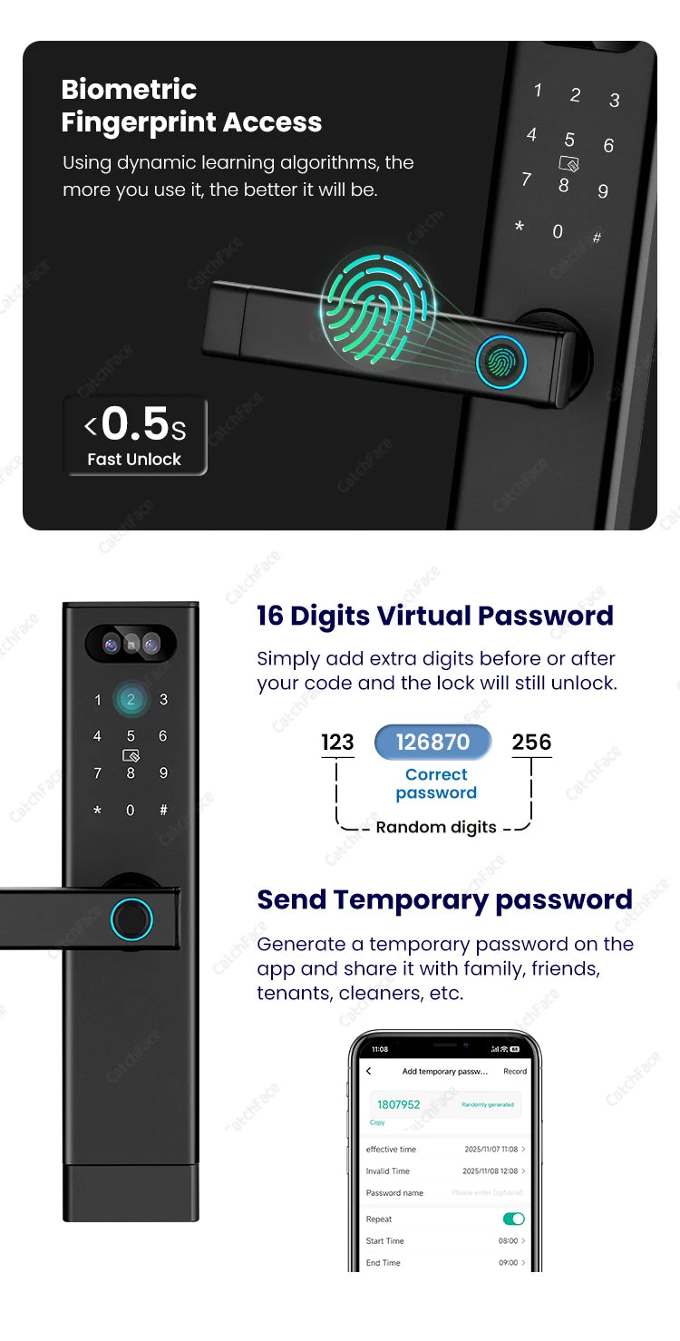 Facial Recognition Video call Automatic Door Lock TUYA Front Door Fingerprint Smart Lock Digit Camera Visible Inner Screen
