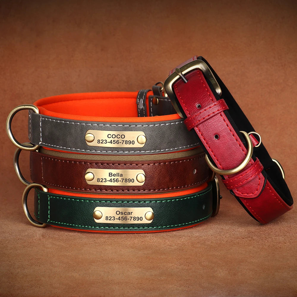 Free Custom Dog Collar Soft Padded Dogs Collars Personalized PU Leather Pet Necklace Adjustable for Small Medium Large Dogs Pug