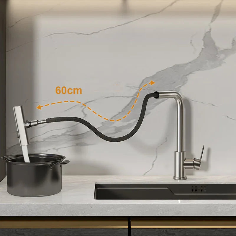 Kitchen Pull-out Flying Rain Waterfall Faucet Hot and Cold Faucet 304 Stainless Steel Single Hole Kitchen Faucet Bathroom