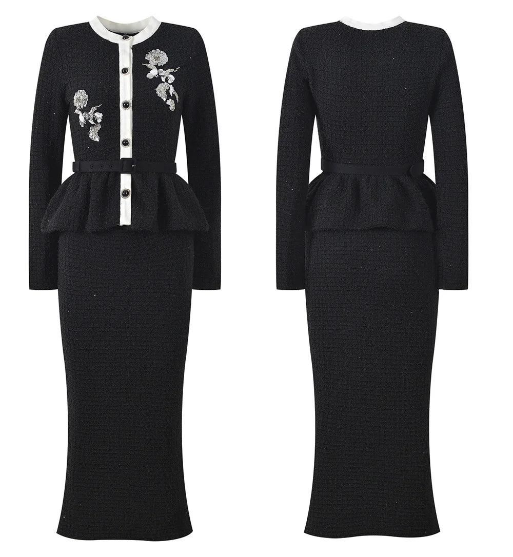 CHUJIE 2025 Autumn/winter New Fake Two-piece Design, Long-sleeved Round-neck, Floral Embroidery, Ruffle Decoration Knitted Dress