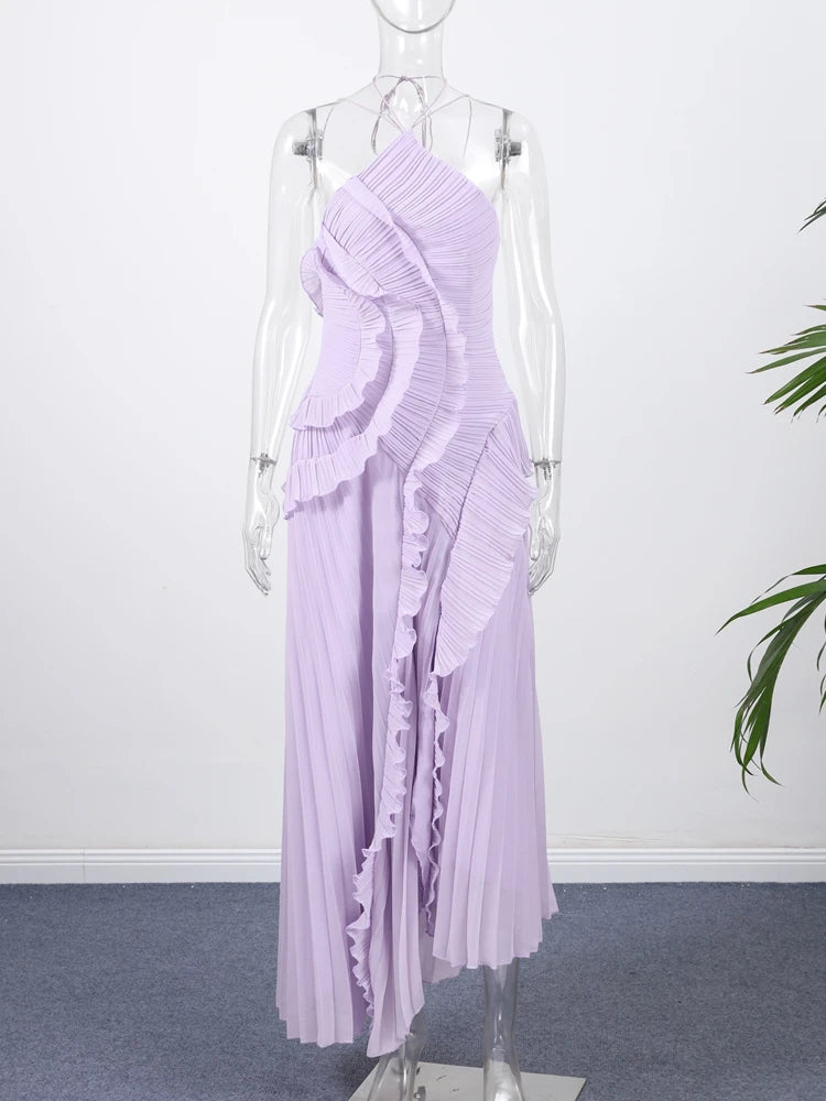 Bohemian Blue Pleated Halter Maxi Dress Women Gentle Sleeveless Asymmetric Ruffles Vestido Romantic Dinner Date Night Gowns 2026