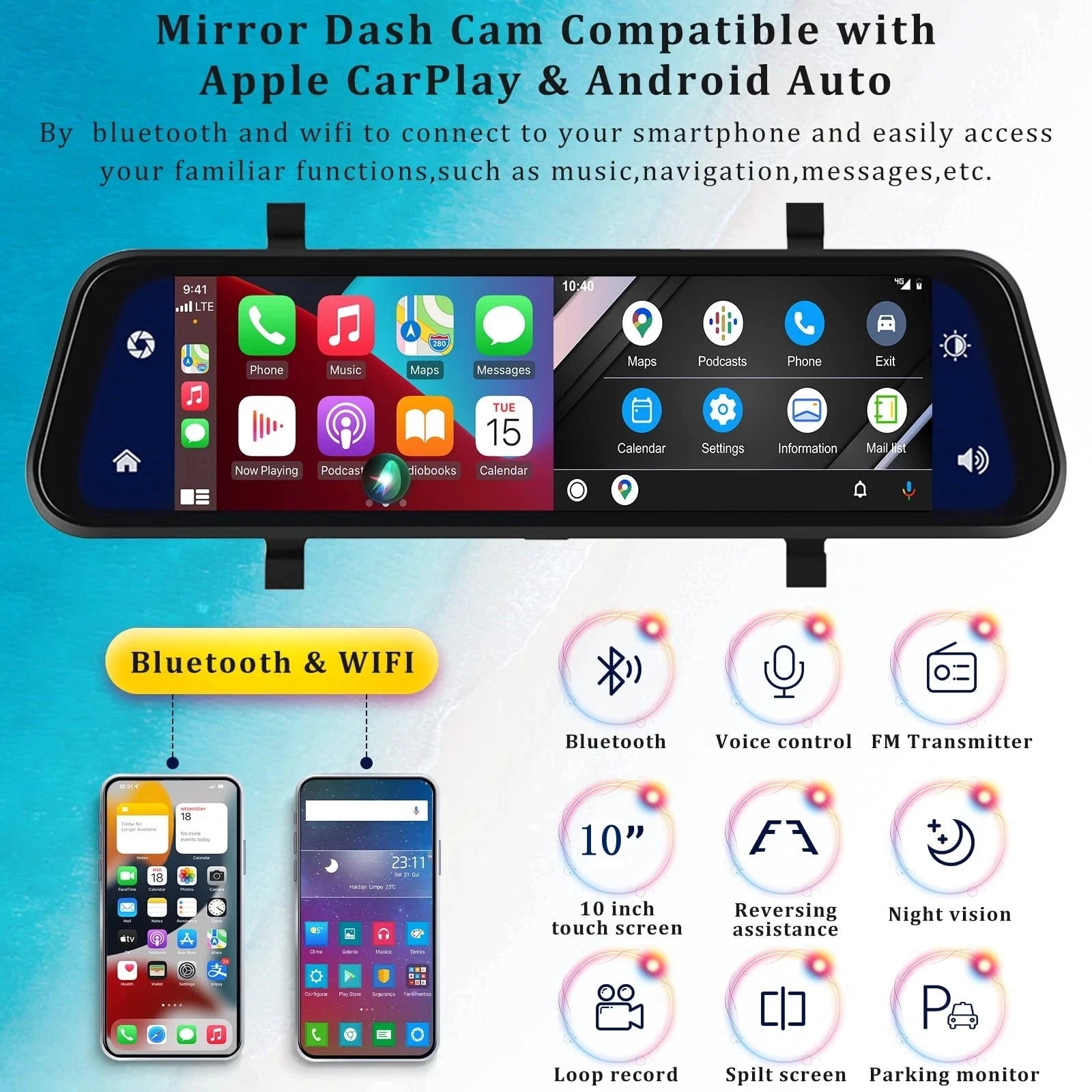 4K Mirror Dash Cam 9.66" with Carplay Android Auto Touch Screen Backup Camera Front and Rear View Dual Cameras for Car