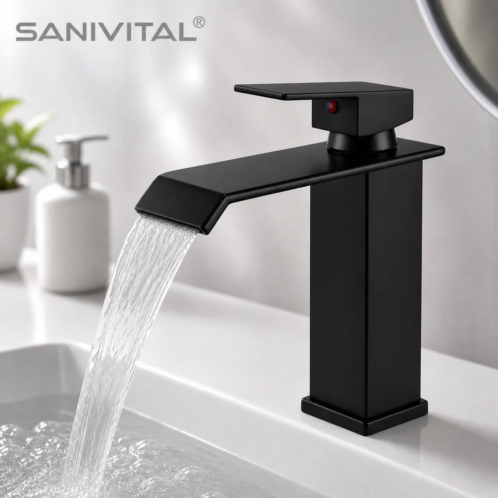 SANIVITAL Modern Matte Black Waterfall Basin Faucet Hot Cold Mixer Tap Single Handle Bathroom Sink Faucet Durable Deck Mount