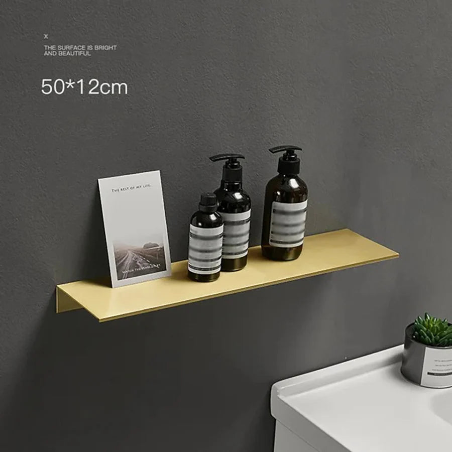 Brushed Gold Metal Bathroom Shelf Wall Storage Rack Washstand Drilling Large Wall Shelf for Storage 30/40/50cm Length Holder