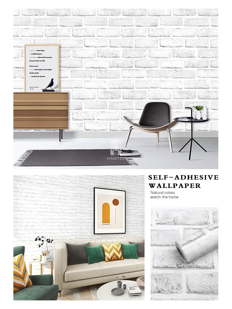 Brick Wallpaper Peel and Stick Self-Adhesive Wall Paper Grey Brick Contact Pape for Bedroom Living Room Decoration DIY Stickers