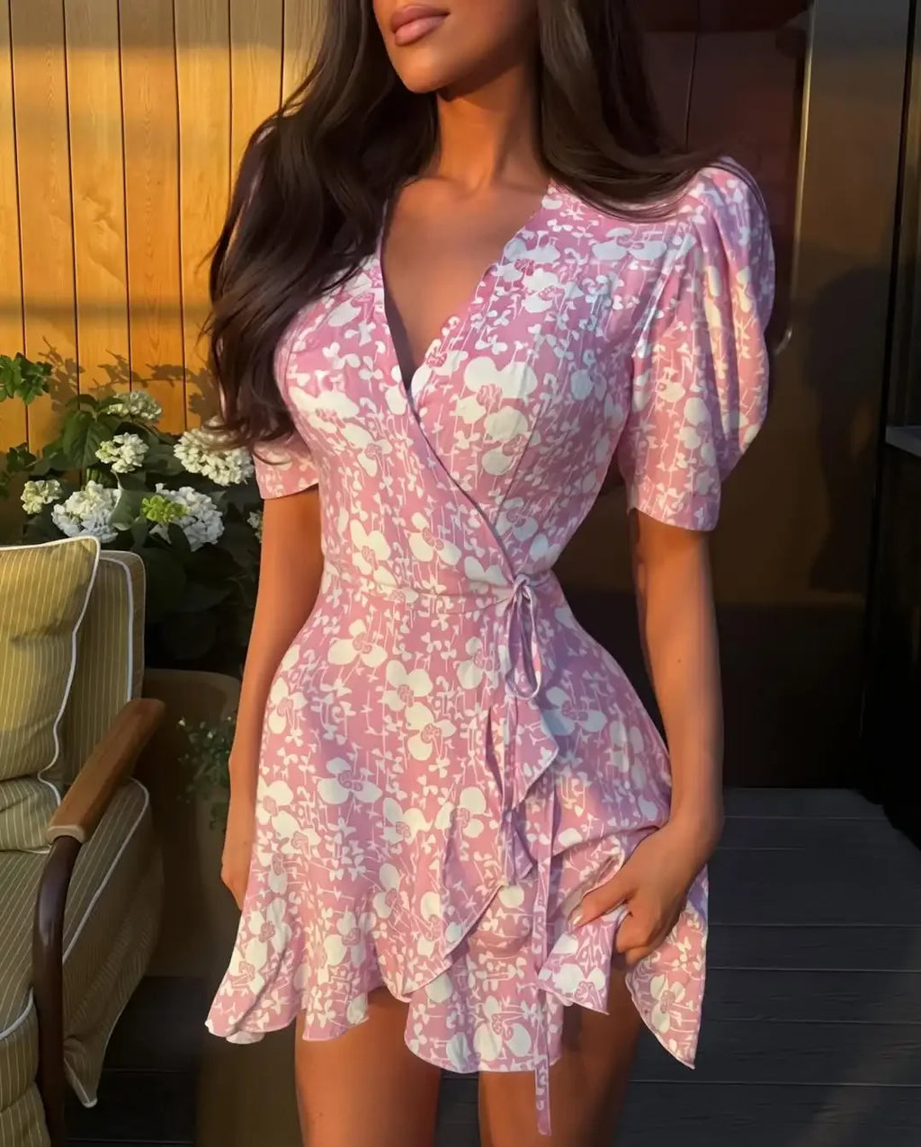 Fashion Women V Neck Printed Short Dress Puff Sleeve Waist-cinching Lace Up Mini Dresses Lady Chic Daily Street Gown 2026 Summer