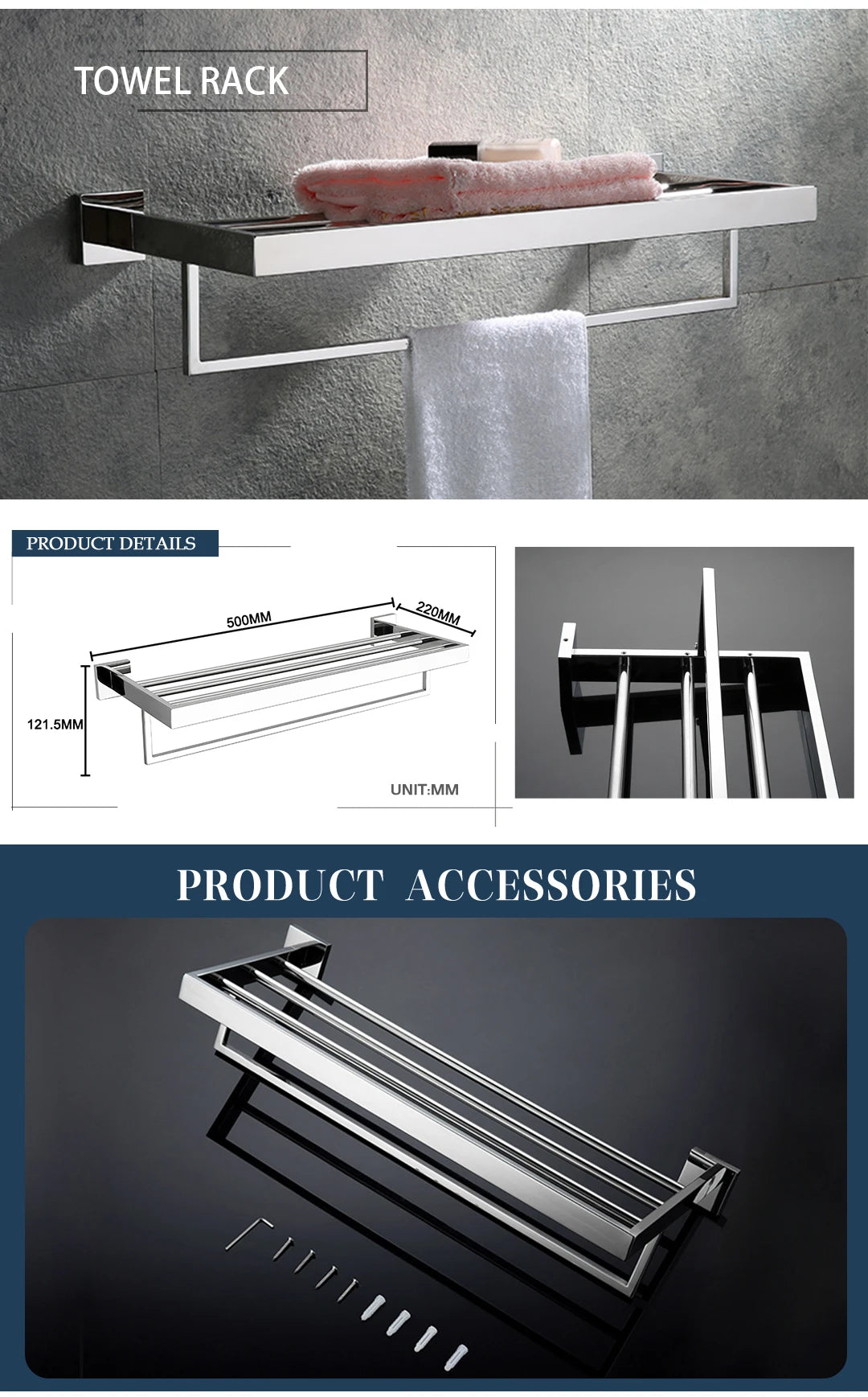 Stainless Steel Chrome Bathroom Hardware Set Square Towel Rack Towel Rack Tissue Holder Robe Hook Bathroom Rack Accessories