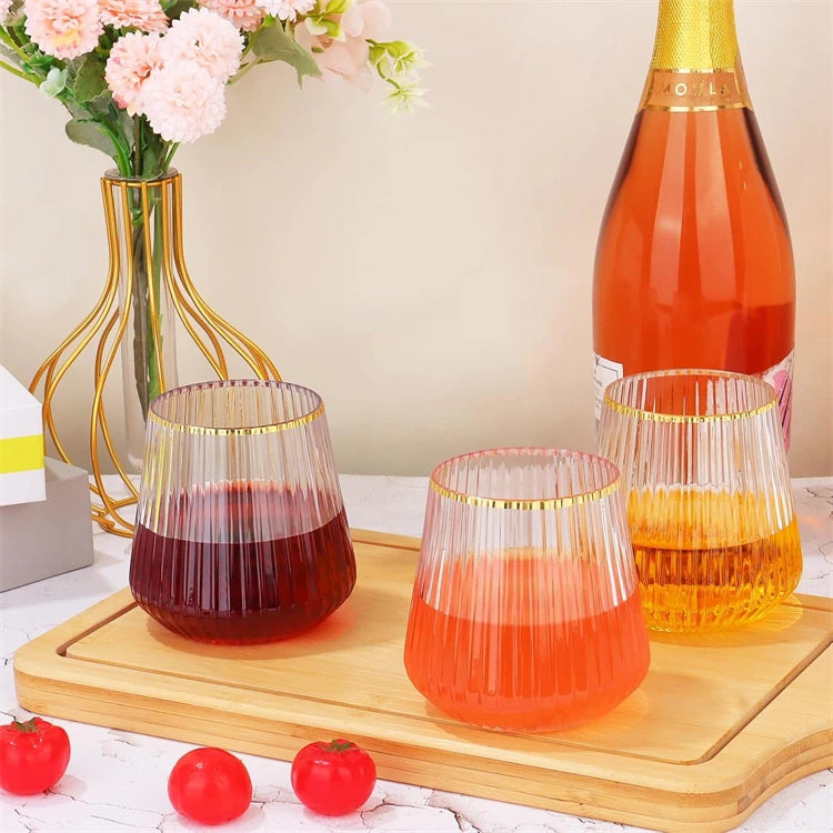 24 Pack Plastic Ribbed Wine Glasses 14Oz Origami Disposable Wine Glasses Unbreakable Clear Plastic Cocktail Glasses  Wine Cups
