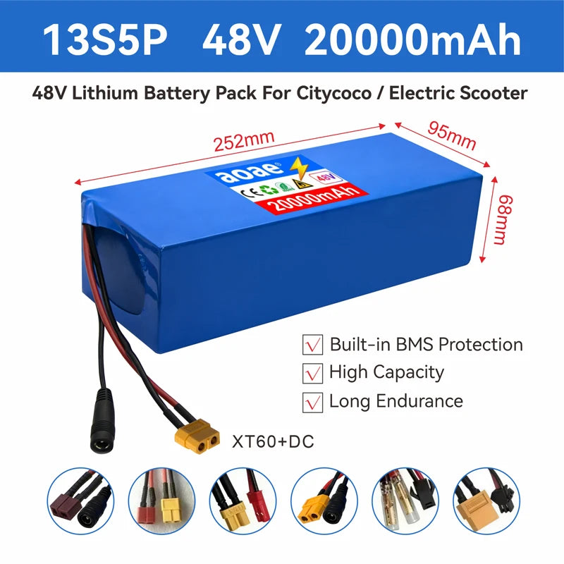 48V Electric Scooter Battery 13S5P 20Ah 18650 Grade-A Cells 2000W Built-in BMS XT60 JST High Capacity Long Range Safe & Durable