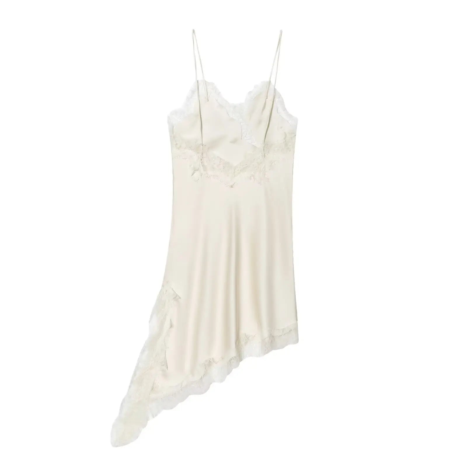 Zevity 2025 Women Sexy Hollow Out Lace Stitching Hem Irregular Mini Dress Female Chic Spaghetti Strap Soft Party Vestidos DS9446