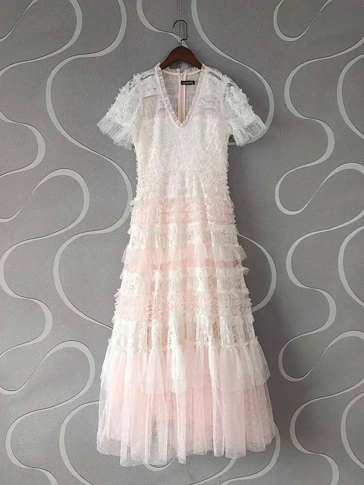 Eshin Elegant Midi Dress Short Sleeve Summer Spring New Fashion Design Women Runway Mesh Ruffles V-Neck Party High Street TH6731