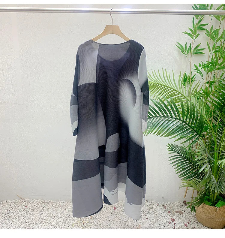 Miyake Pleated Print Dress 2024 New Early Spring Fashion Elegant A-line Swing Dress Elegant Women's Clothing High-quality