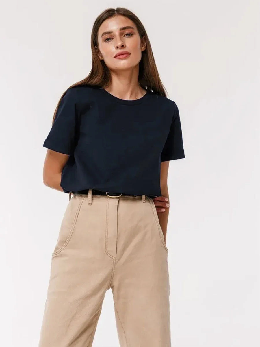 Wolfeel Summer 100% Cotton Women's T-shirt Bottoming Basic Fashionable Solid Lady Short Sleeve Loose Tops Shirts 230g/㎡ Tops