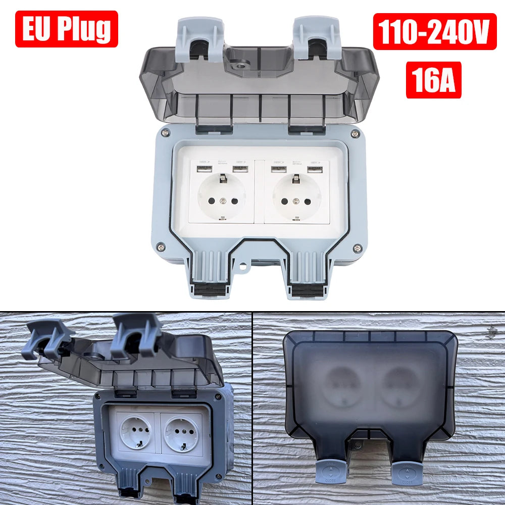 Double EU Socket Power Supply Switch Socket 16A Outdoor Wall Power Socket With USB Charging for Home& Garden IP66 Weatherproof