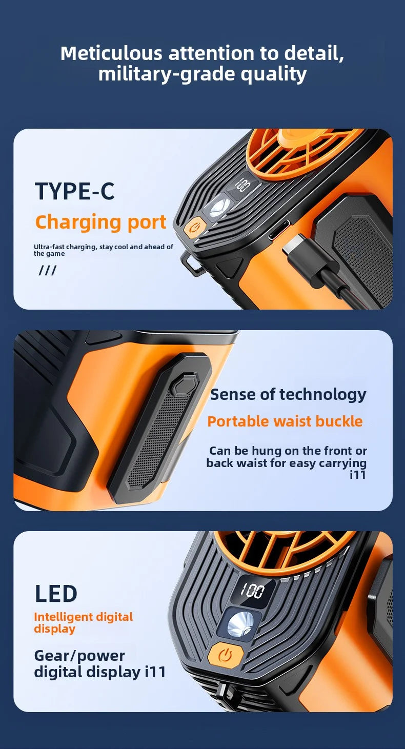 Waist-mounted electric fan with digital display, portable, suitable for outdoor travel, low noise, strong wind, neck-hanging fan