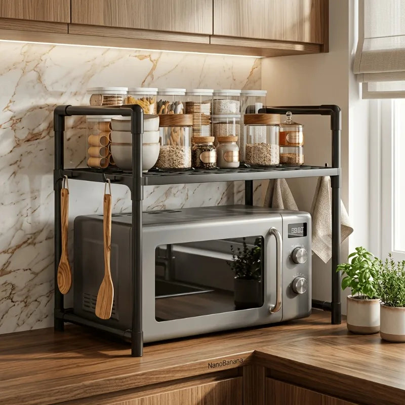 Microwave Oven Rack 2‑Tier Kitchen Countertop Organizer, Heavy Duty Metal Shelf with Hooks for Spices Utensils Small Appliances
