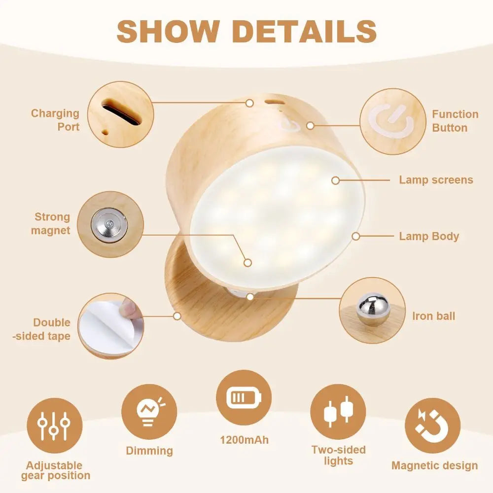 360° Rotating Wooden Wall Mounted Lamp Dimmable Touch Control LED Wall Sconce Warm White Double-sided Touch Control Light