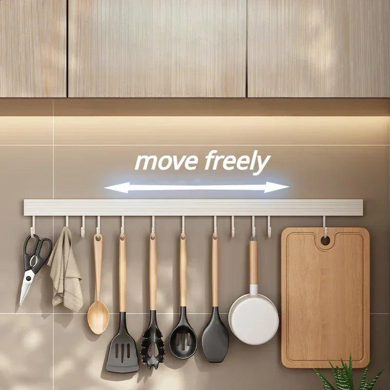 Kitchen Storage Rack Wall Mounted No Punch Shelves Movable Hook Spoon Holder Organizer For Kitchen Utensil Accessories Tool