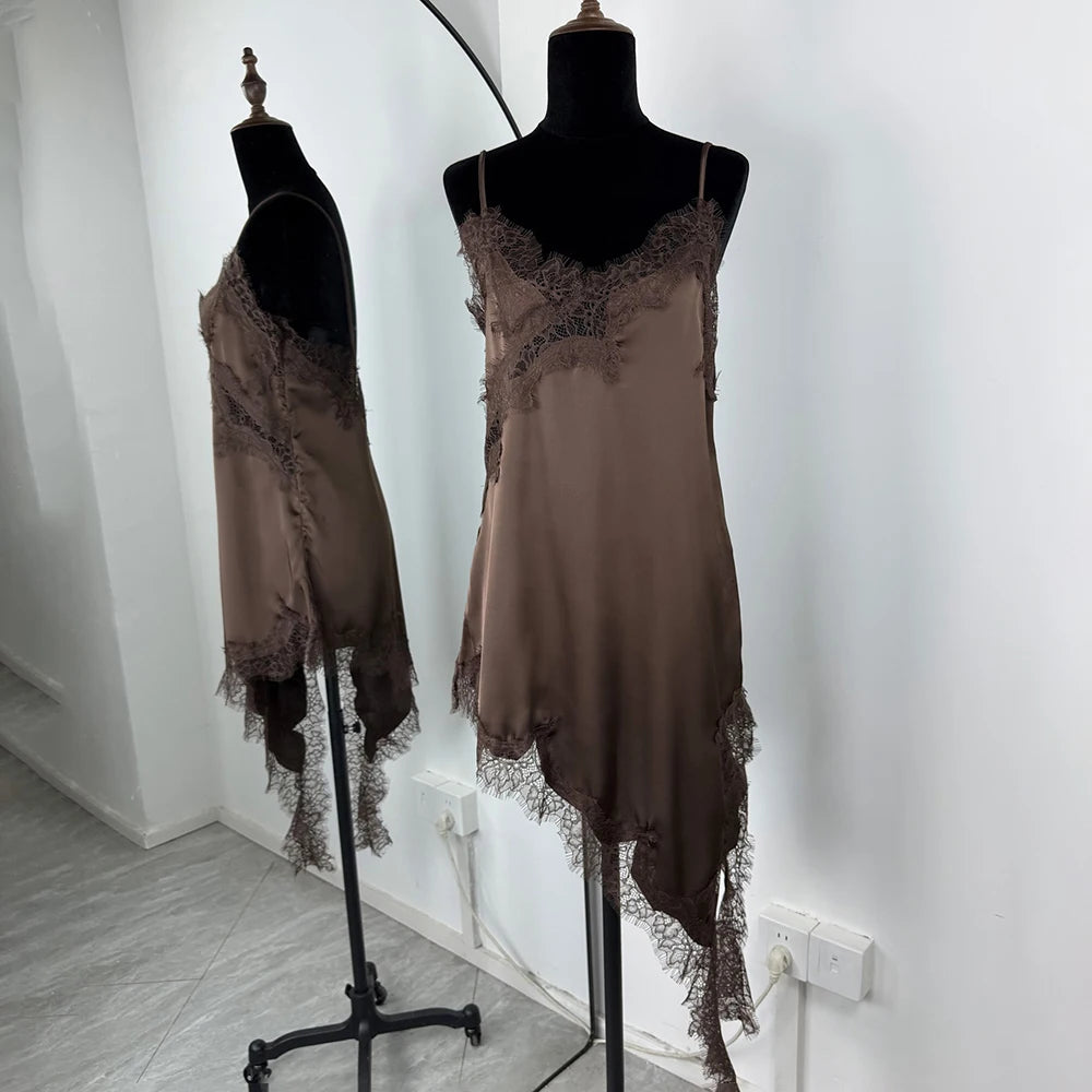 Tuularose Women's Lace Spaghetti Strap Dress Sexy Sleeveless Lace Patchwork Asymmetrical Dress Summer Party Looks Elegant Dress