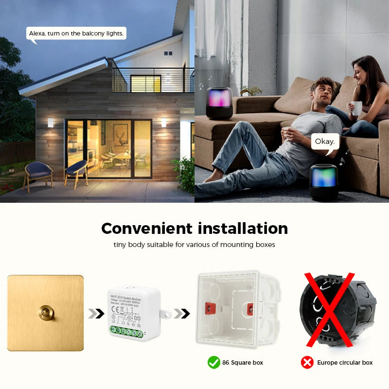 Avoir Tuya Smart Life Home Control Mini Wifi Module Wireless Gold Light Switches 1-4 Gang 2 Way Alexa Rocker Toggle Switch 220V
