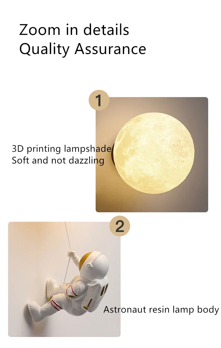 Modern Astronaut Wall Lamp Natural Alabaster Planet LED Sconce Kids Bedroom Astronaut Nursery Decor