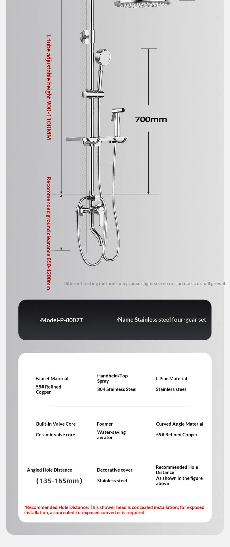 304 Stainless Steel Thermostatic Rainfall Shower Set High Pressure Wall Mounted Bathroom Mixer Tap Handheld Circular Square