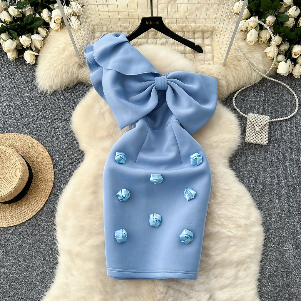 Women Diagonal Collar Vintage Ruffle Sleeve Elegant Butterfly Three-dimensional Floral Slim Dresses Evening High Street Clothing