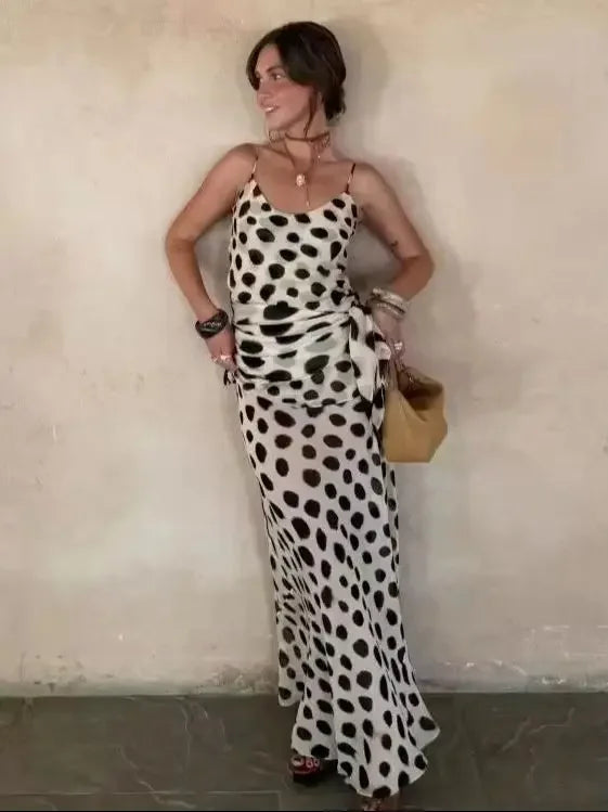 Trendy Slip Dress Animal Print V-neck Sexy  High Slit Fit Maxi Women Dresses Party Stylish Retro Summer Beach Street Outfits Y2k