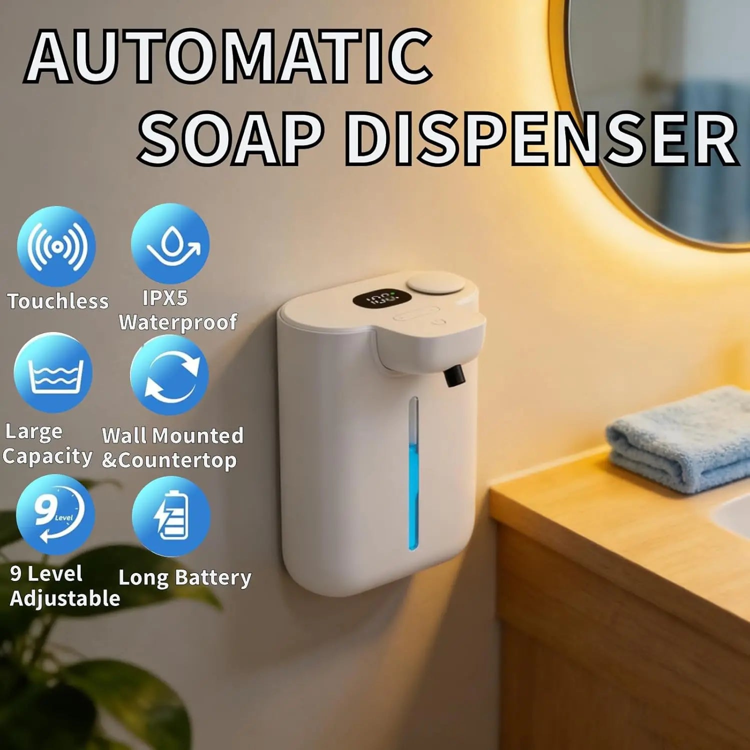 500ML Large Capacity HD Display 9-Gears Adjustable Foam/Liquid Control Automatic Sensor Soap Dispenser Portable Hand Wash Bottle