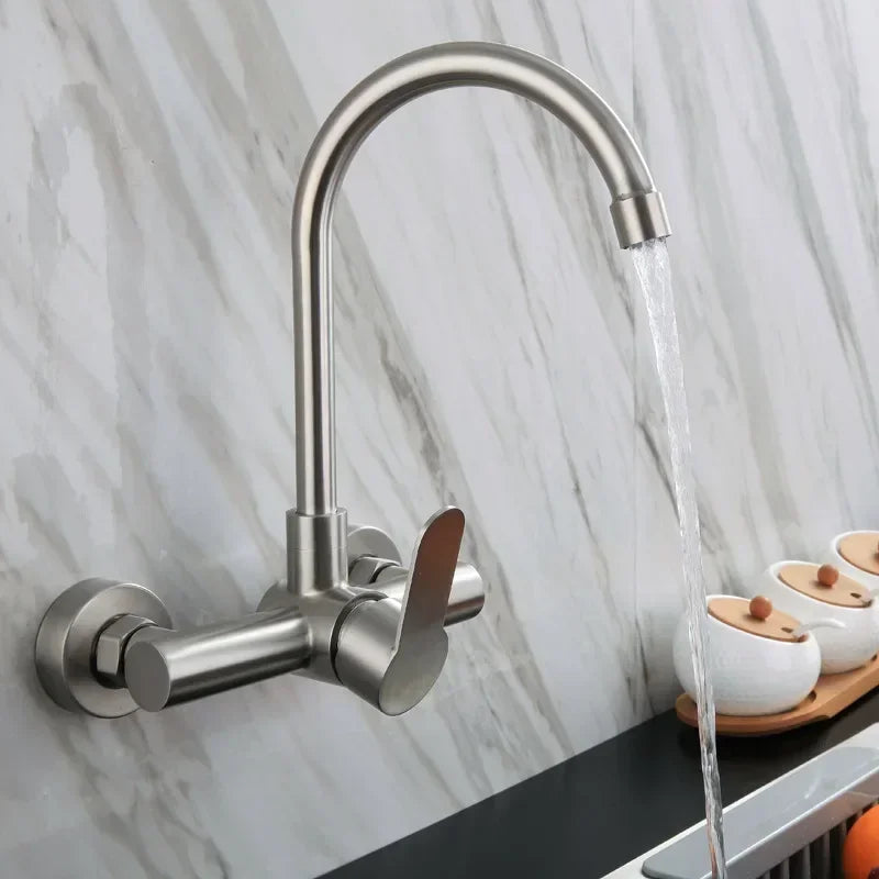 Stainless Steel Kitchen Faucet Wall Mounted Cold and Hot Tap Bathroom Basin Sink Faucet Universal Rotation Splash Proof Faucet