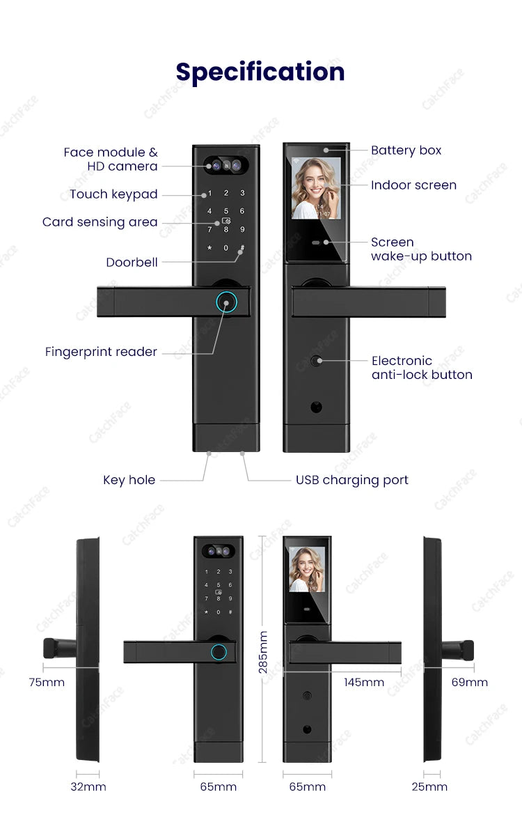 Facial Recognition Video call Automatic Door Lock TUYA Front Door Fingerprint Smart Lock Digit Camera Visible Inner Screen