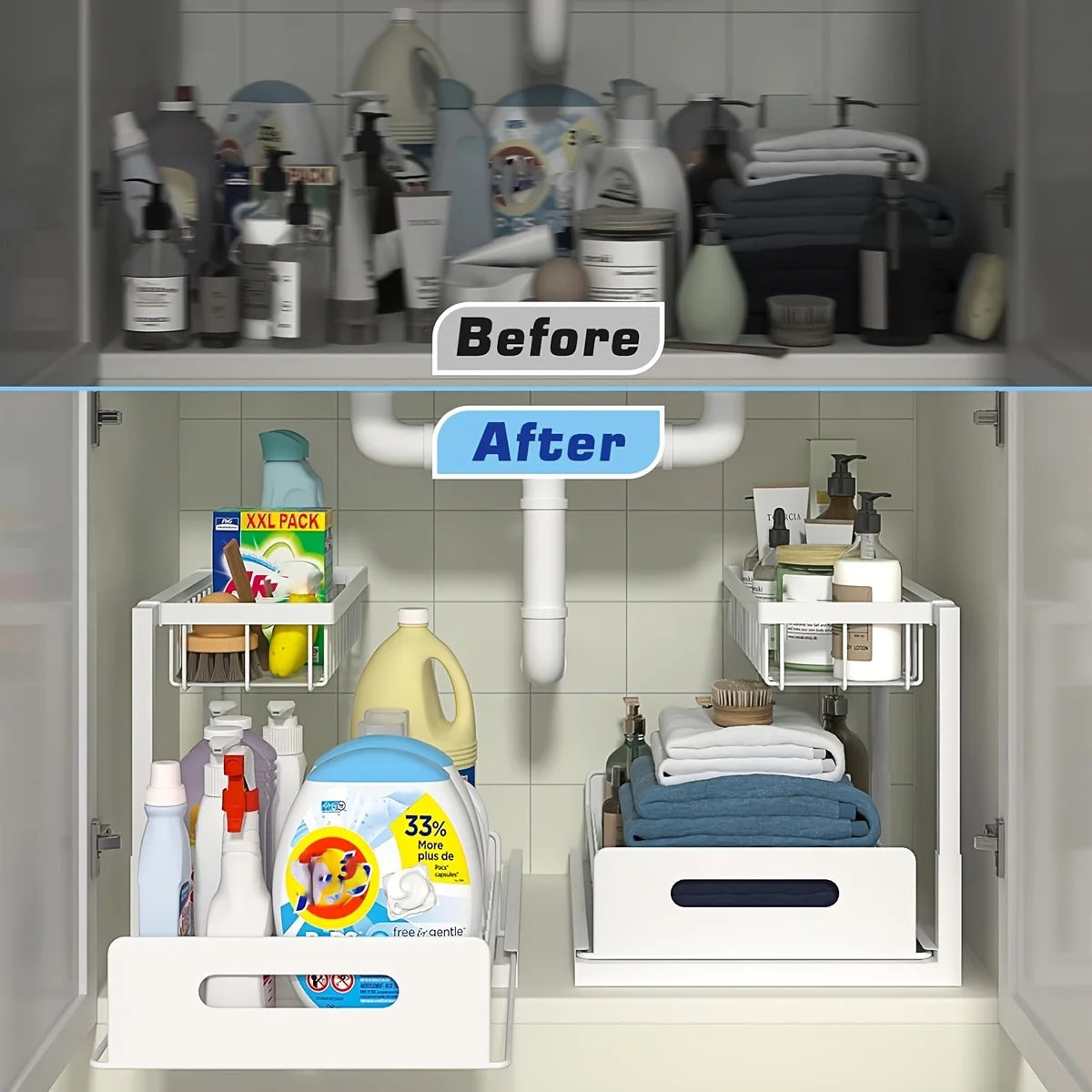 Under Sink Sliding Drawer Organizer - Metal Storage Rack with Pull-Out Shelves - Multi-Room Kitchen Bathroom Cabinet Organizer