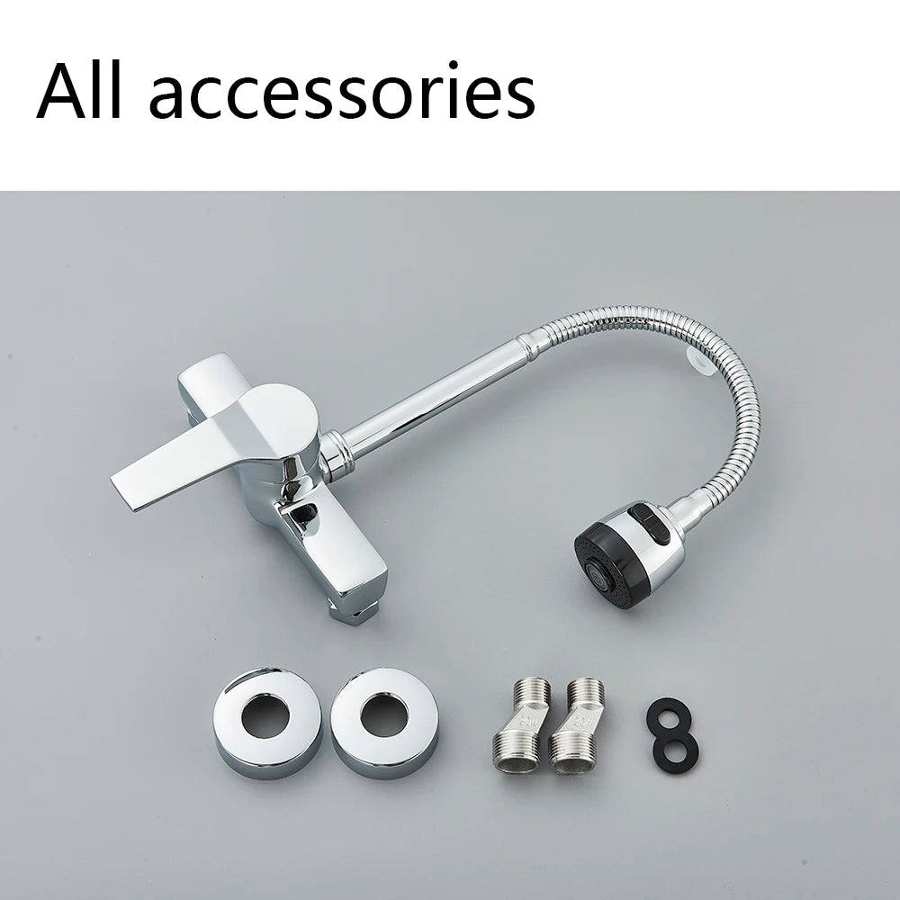 Chrome Wall Mounted Dual Hole Kitchen Faucet Lead Free Hot Cold Water Mixer Tap Stream Spray Bubbler 360 Rotation Flexible Pipe