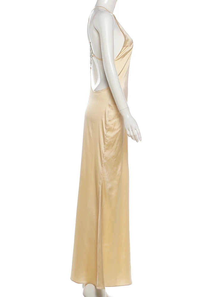 Nibber Sleeveless Halter Satin Dress Women Metal Buckle Elegant Patchwork Fashion Classic Evening Party Backless Long Bodycon