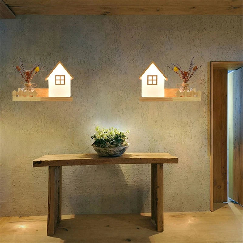 Modern Wooden Lamp Led Wall Lamps Nordic Personality Creative Green Plant Pot Home Decor Living Room Aisle Loft Light Fixtures