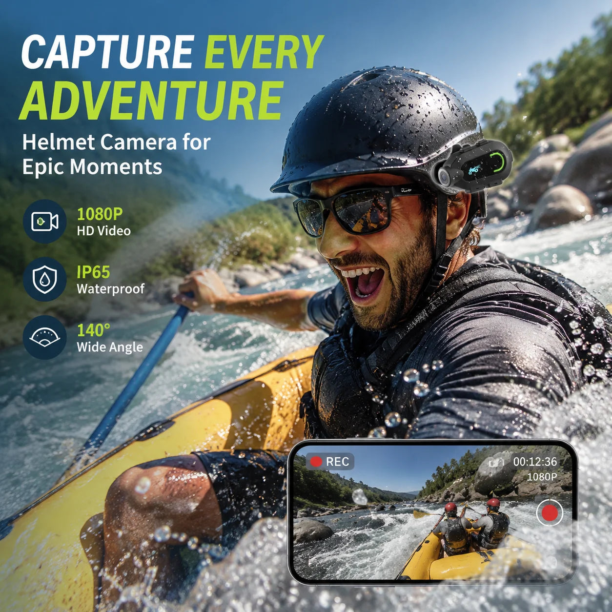 Action Camera - 1080P HD 30FPS Video, 9 Hour Battery, Waterproof, 300 Degree Rotating Lens, Streaming, Dashcam, Low Light Film.