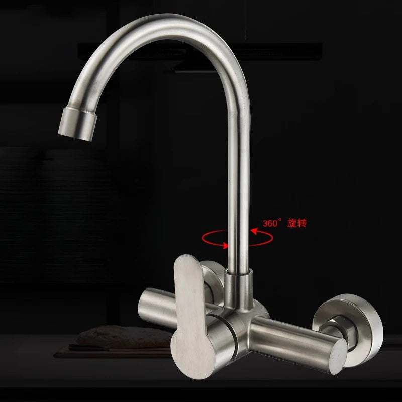 Wall Mount Kitchen Sink Faucet 304 Stainless Steel 2 Modes Hot and Cold Mixer Taps Double Hole Rotating Kitchen Faucets Brushed