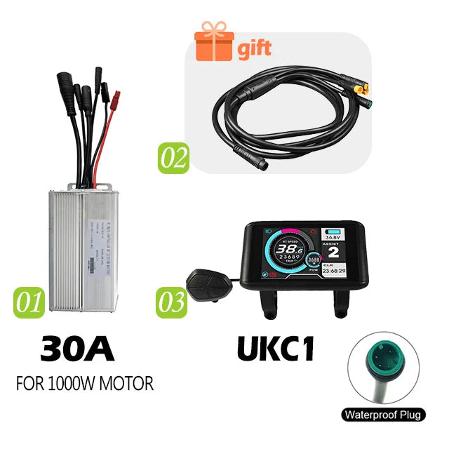 Electric Bike 30A Brushless Controller with SM Plug for 1000W Motor with LCD Display Panel S800 S830 E-scooter Meter Control UKC
