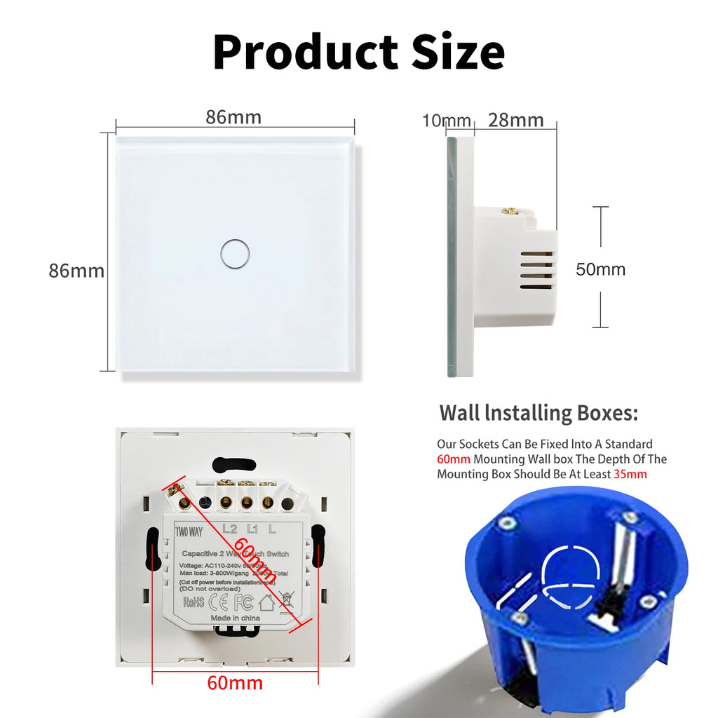 1gang 2way 3way Touch Switch Wall Light Switches No Neutral Wire With Tempered Glass 240V No Wifi No RF433