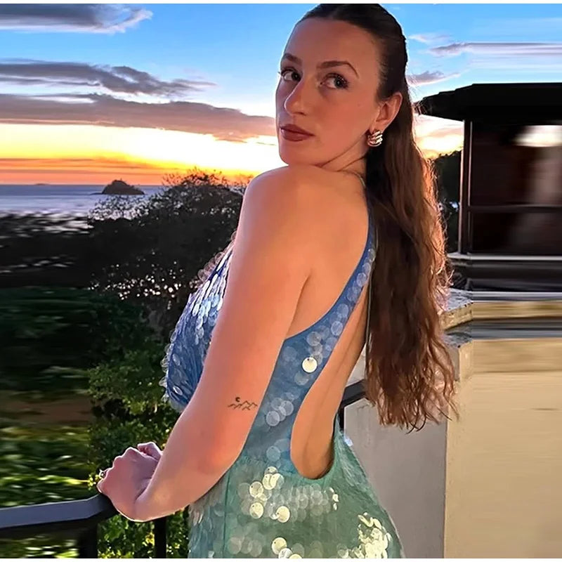 Sequins Halter Hollow Out Dress Women's Sexy Backless Sleeveless Contrast Color Mini Dresses 2026 Summer New Lady Beach Robes