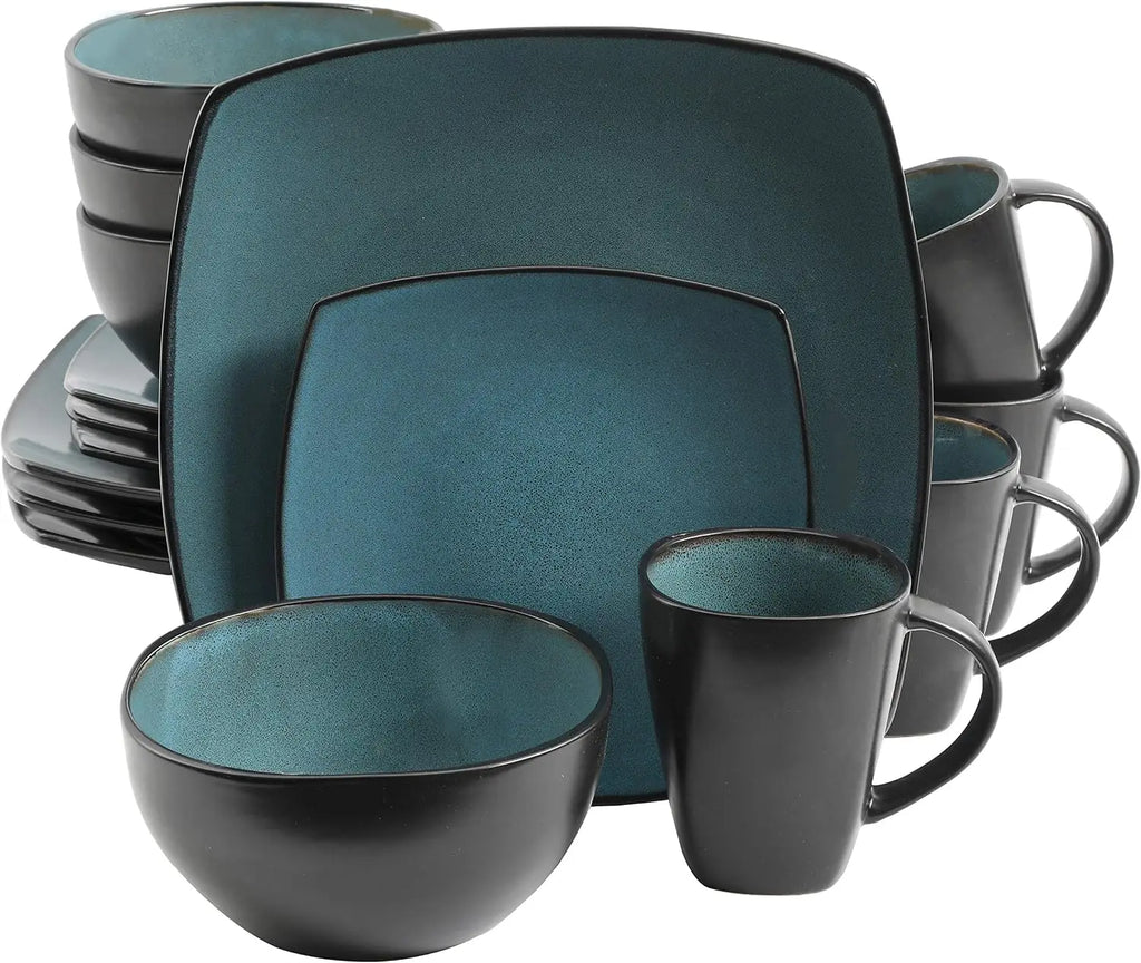 16pc Stoneware Dinnerware Set, Reactive Glaze Plates Bowls, Black